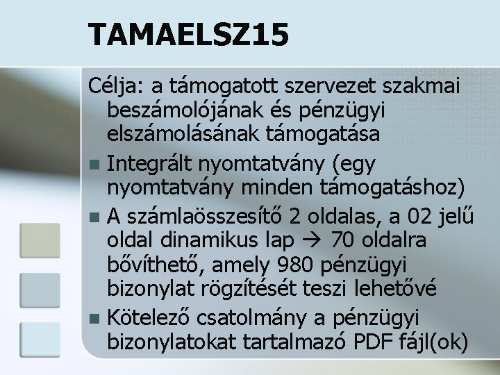 TAMAELSZ 15 Célja: a támogatott szervezet szakmai beszámolójának és pénzügyi elszámolásának támogatása n Integrált