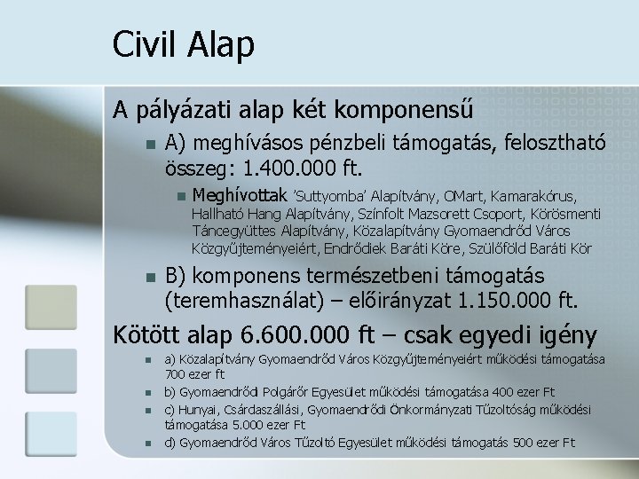 Civil Alap A pályázati alap két komponensű n A) meghívásos pénzbeli támogatás, felosztható összeg: