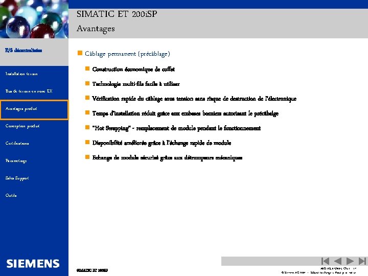 SIMATIC ET 200 i. SP Avantages E/S décentralisées Automation and Drives n Câblage permanent