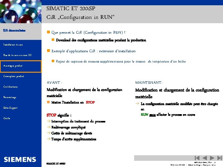 Automation and Drives SIMATIC ET 200 i. SP Ci. R „Configuration in RUN“ E/S