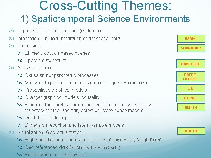 Cross-Cutting Themes: 1) Spatiotemporal Science Environments Capture: Implicit data capture (eg touch) Integration: Efficient