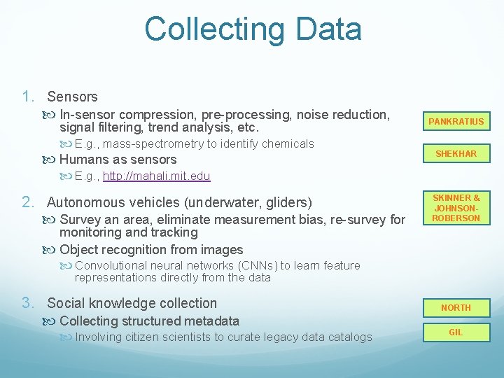 Collecting Data 1. Sensors In-sensor compression, pre-processing, noise reduction, signal filtering, trend analysis, etc.