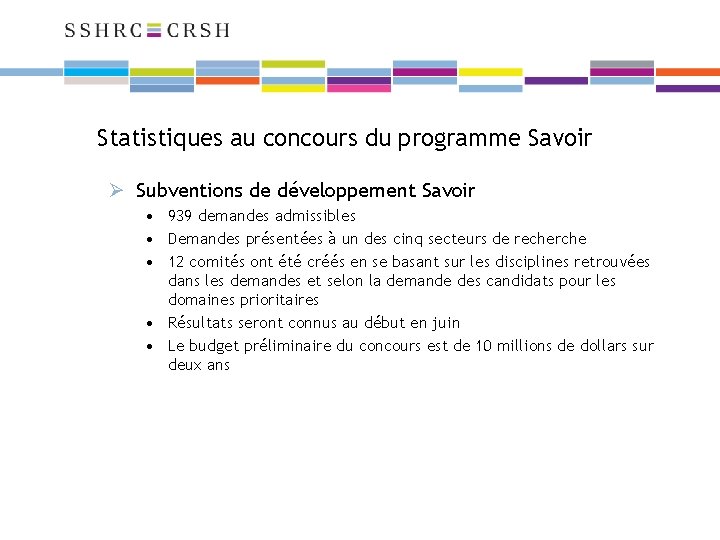 Statistiques au concours du programme Savoir Ø Subventions de développement Savoir • 939 demandes