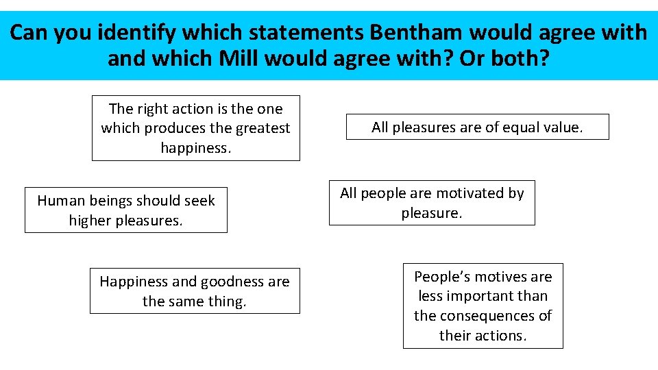 Can you identify which statements Bentham would agree with and which Mill would agree