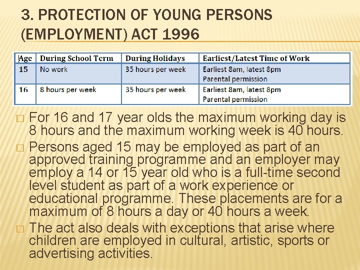 3. PROTECTION OF YOUNG PERSONS (EMPLOYMENT) ACT 1996 For 16 and 17 year olds