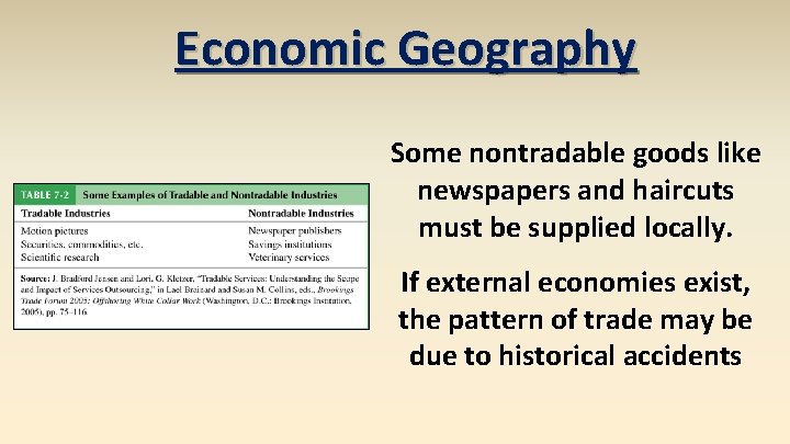 Economic Geography Some nontradable goods like newspapers and haircuts must be supplied locally. If