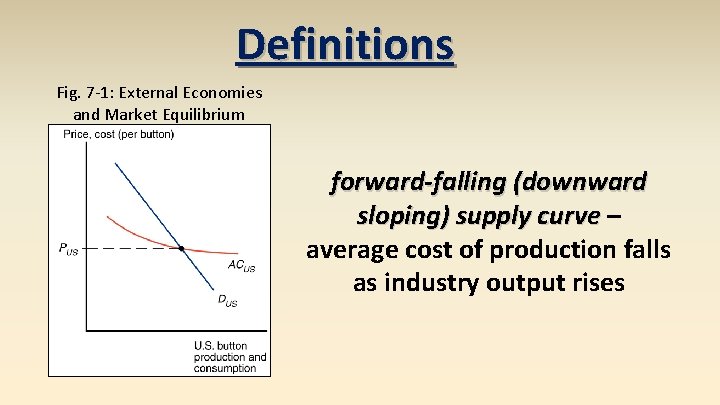 Definitions Fig. 7 -1: External Economies and Market Equilibrium forward-falling (downward sloping) supply curve