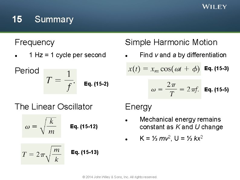 15 Summary Frequency Simple Harmonic Motion 1 Hz = 1 cycle per second Find