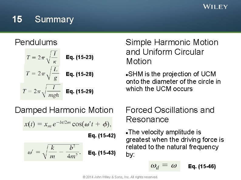 15 Summary Pendulums Eq. (15 -23) Eq. (15 -28) Eq. (15 -29) Damped Harmonic