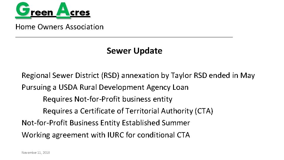 Green Acres Home Owners Association _________________________________________ Sewer Update Regional Sewer District (RSD) annexation by