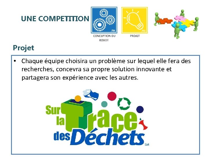 UNE COMPETITION Projet • Chaque équipe choisira un problème sur lequel elle fera des