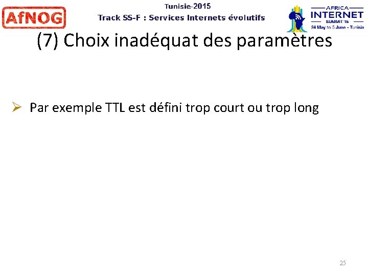 (7) Choix inadéquat des paramètres Par exemple TTL est défini trop court ou trop