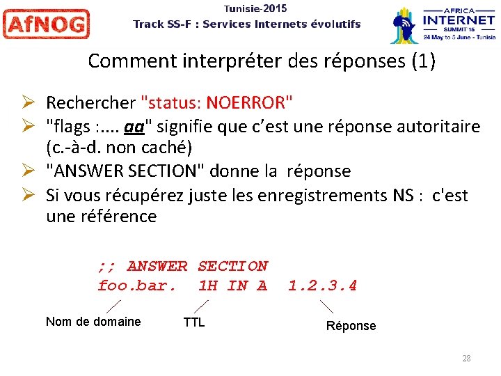 Comment interpréter des réponses (1) Recher "status: NOERROR" "flags : . . aa" signifie