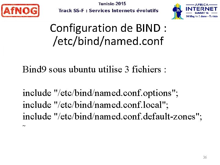 Configuration de BIND : /etc/bind/named. conf Bind 9 sous ubuntu utilise 3 fichiers :