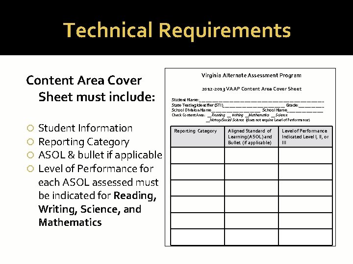 Technical Requirements Content Area Cover Sheet must include: Student Information Reporting Category ASOL &