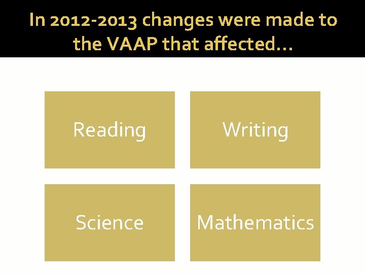 In 2012 -2013 changes were made to the VAAP that affected. . . Reading