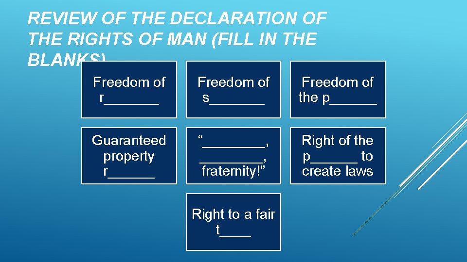 REVIEW OF THE DECLARATION OF THE RIGHTS OF MAN (FILL IN THE BLANKS) Freedom