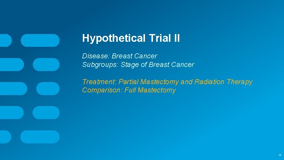 Hypothetical Trial II Disease: Breast Cancer Subgroups: Stage of Breast Cancer Treatment: Partial Mastectomy