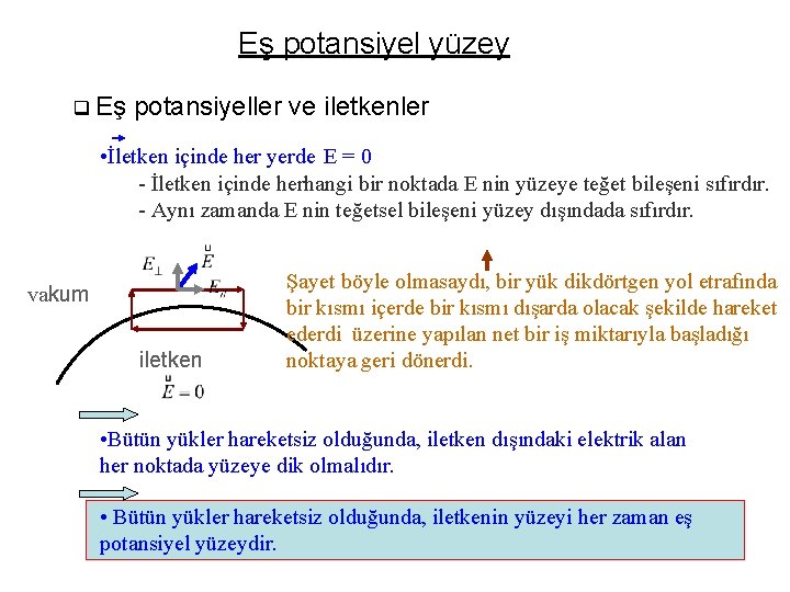 Eş potansiyel yüzey q Eş potansiyeller ve iletkenler • İletken içinde her yerde E