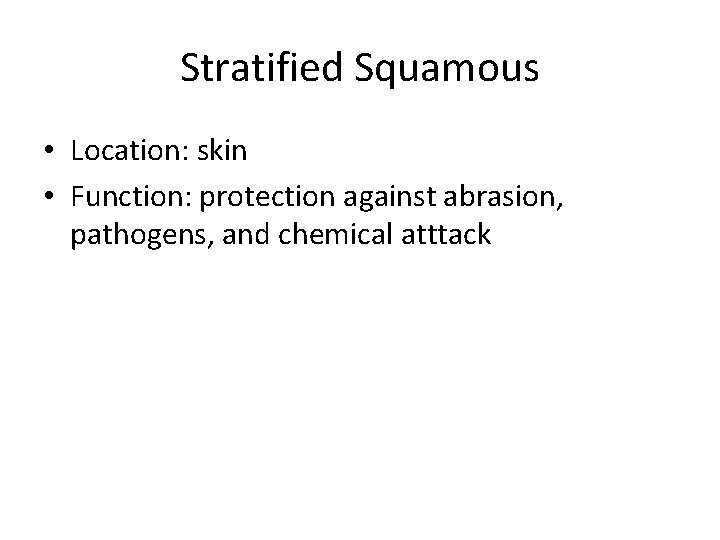 Stratified Squamous • Location: skin • Function: protection against abrasion, pathogens, and chemical atttack