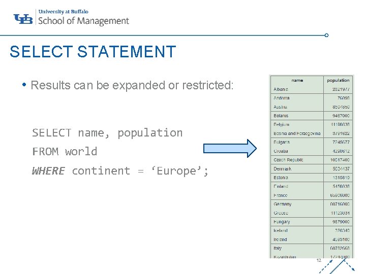 SELECT STATEMENT • Results can be expanded or restricted: SELECT name, population ‘- FROM SELECT STATEMENT • Results can be expanded or restricted: SELECT name, population ‘- FROM