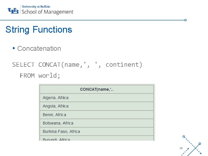 String Functions • Concatenation SELECT CONCAT(name, ', ', continent) FROM world; ‘- 28 String Functions • Concatenation SELECT CONCAT(name, ', ', continent) FROM world; ‘- 28