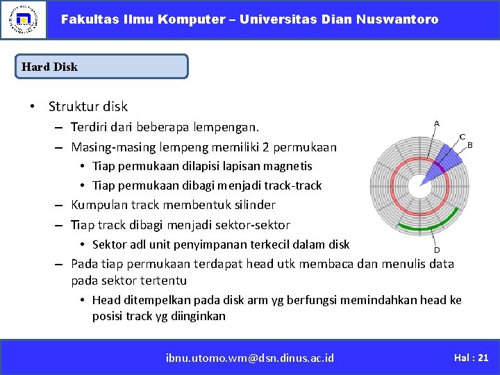 Fakultas Ilmu Komputer – Universitas Dian Nuswantoro Hard Disk • Struktur disk – Terdiri Fakultas Ilmu Komputer – Universitas Dian Nuswantoro Hard Disk • Struktur disk – Terdiri