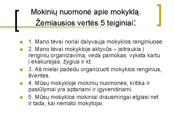 Mokinių nuomonė apie mokyklą. Žemiausios vertės 5 teiginiai: n n n 1. Mano tėvai