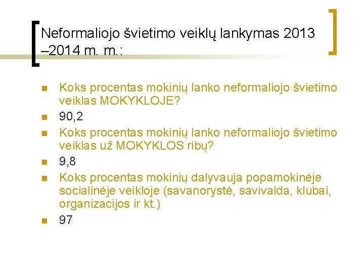 Neformaliojo švietimo veiklų lankymas 2013 – 2014 m. m. : n n n Koks