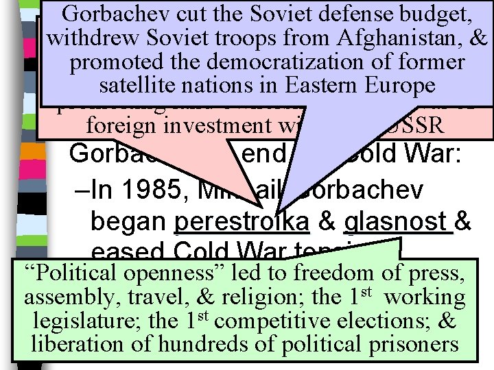 Gorbachev cut the Soviet defense budget, Ending the Cold War Introducing moderate capitalism into