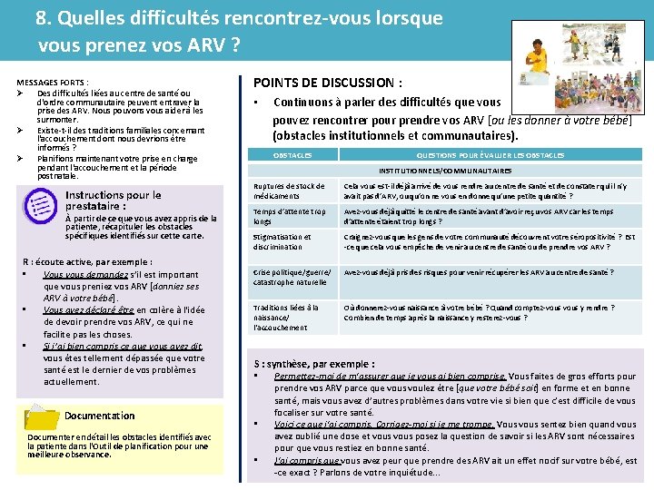 8. Quelles difficultés rencontrez-vous lorsque vous prenez vos ARV ? MESSAGES FORTS : Ø