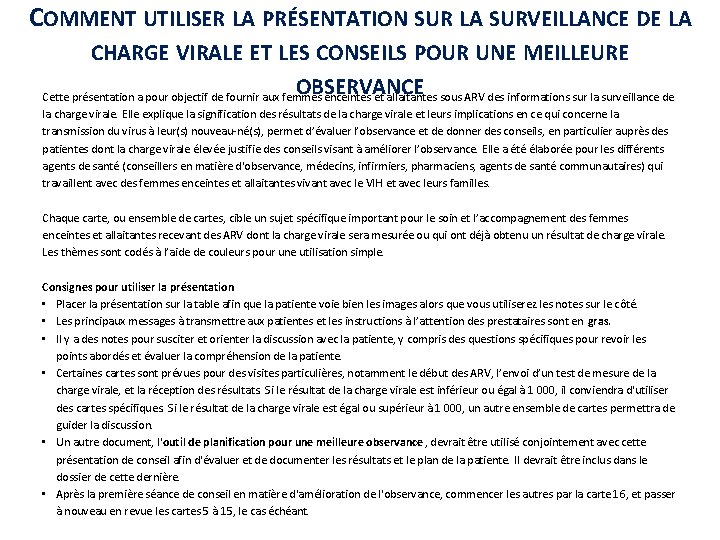 COMMENT UTILISER LA PRÉSENTATION SUR LA SURVEILLANCE DE LA CHARGE VIRALE ET LES CONSEILS