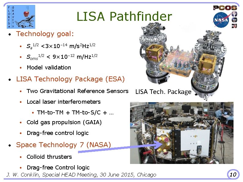 LISA Pathfinder • • Technology goal: • Sa 1/2 <3× 10– 14 m/s 2