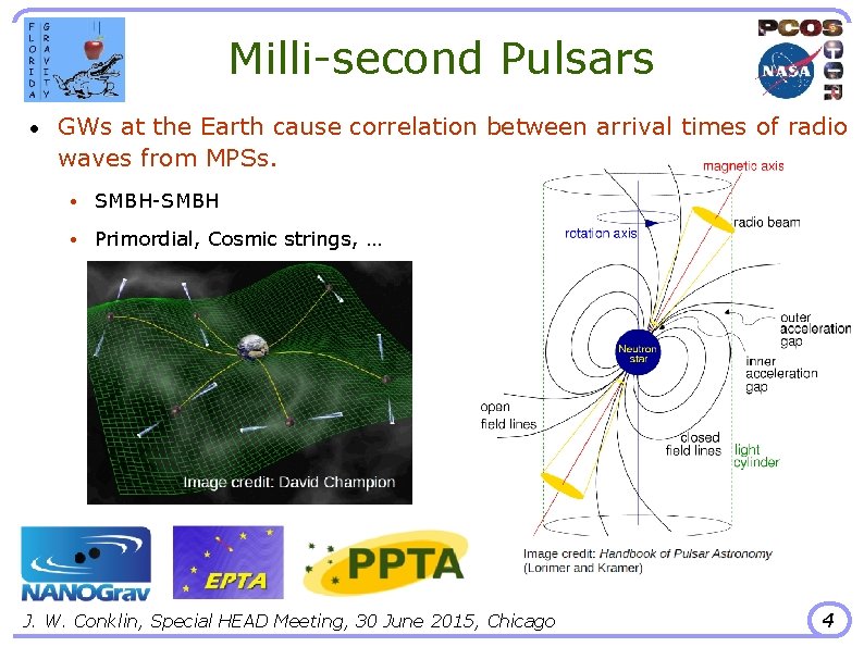 Milli-second Pulsars • GWs at the Earth cause correlation between arrival times of radio