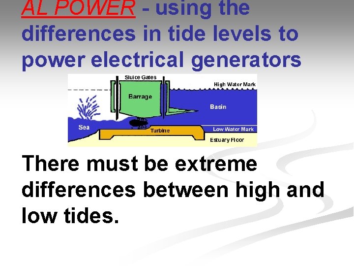 AL POWER - using the differences in tide levels to power electrical generators There