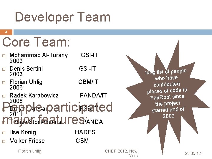 Developer Team 4 Core Team: Mohammad Al-Turany 2003 Denis Bertini 2003 Florian Uhlig 2006