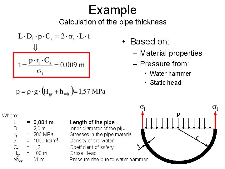 Example Calculation of the pipe thickness • Based on: – Material properties – Pressure