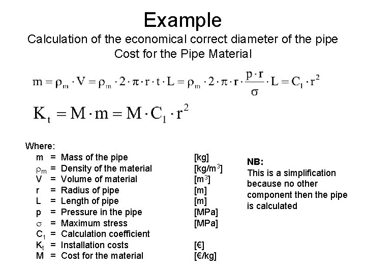 Example Calculation of the economical correct diameter of the pipe Cost for the Pipe