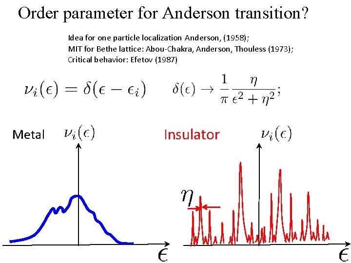 Order parameter for Anderson transition? Idea for one particle localization Anderson, (1958); MIT for