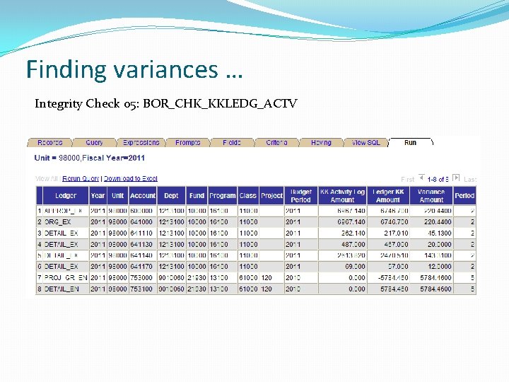 Finding variances … Integrity Check 05: BOR_CHK_KKLEDG_ACTV 