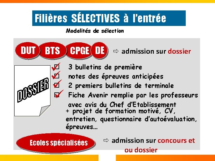 Filières SÉLECTIVES à l’entrée Modalités de sélection DUT BTS ¨ ü ¨ ü CPGE