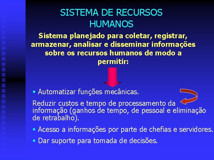 SISTEMA DE RECURSOS HUMANOS Sistema planejado para coletar, registrar, armazenar, analisar e disseminar informações