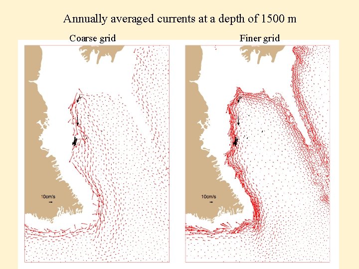 Annually averaged currents at a depth of 1500 m Coarse grid Finer grid Annually averaged currents at a depth of 1500 m Coarse grid Finer grid