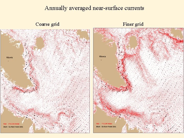 Annually averaged near-surface currents Coarse grid Finer grid Annually averaged near-surface currents Coarse grid Finer grid