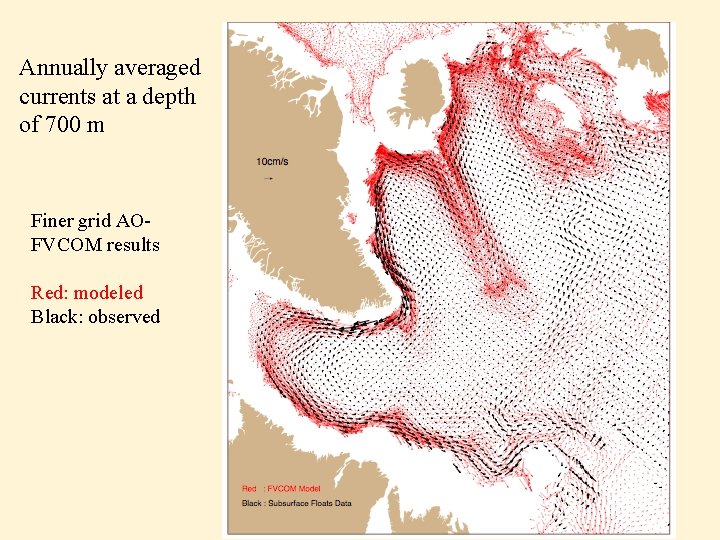 Annually averaged currents at a depth of 700 m Finer grid AOFVCOM results Red: Annually averaged currents at a depth of 700 m Finer grid AOFVCOM results Red: