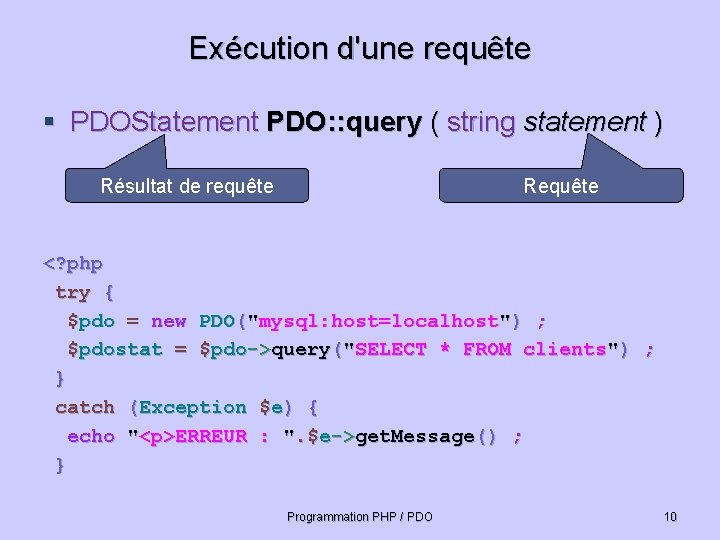 Exécution d'une requête § PDOStatement PDO: : query ( string statement ) Résultat de