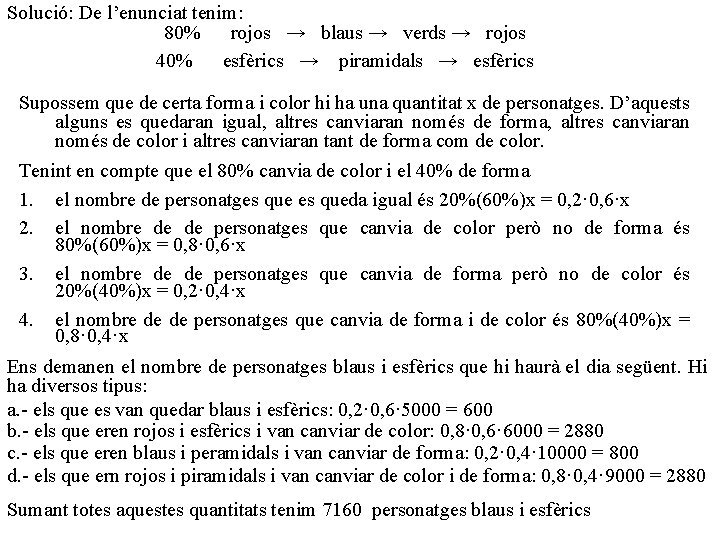 Solució: De l’enunciat tenim: 80% rojos → blaus → verds → rojos 40% esfèrics