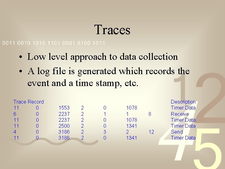 Traces • Low level approach to data collection • A log file is generated