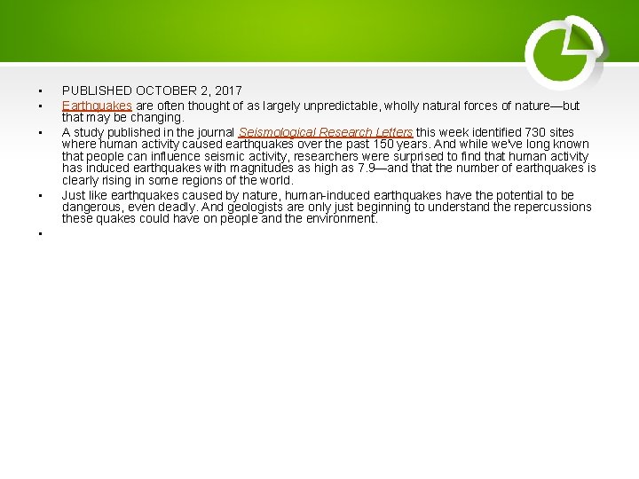  • • • PUBLISHED OCTOBER 2, 2017 Earthquakes are often thought of as