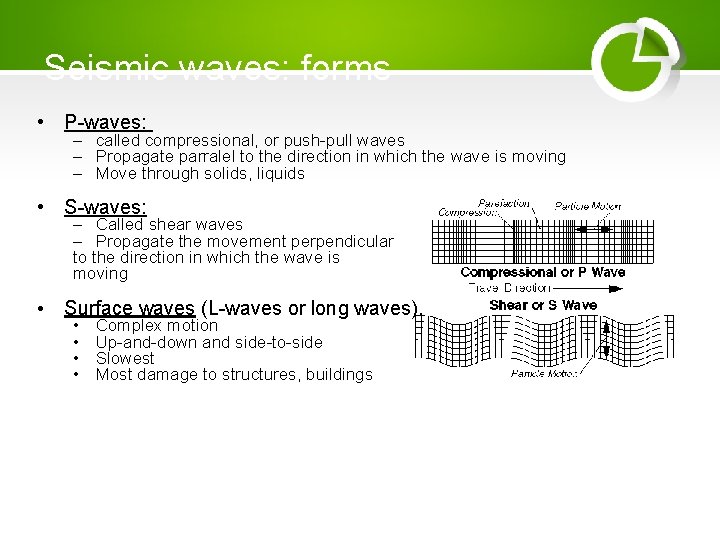 Seismic waves: forms • P-waves: – called compressional, or push-pull waves – Propagate parralel